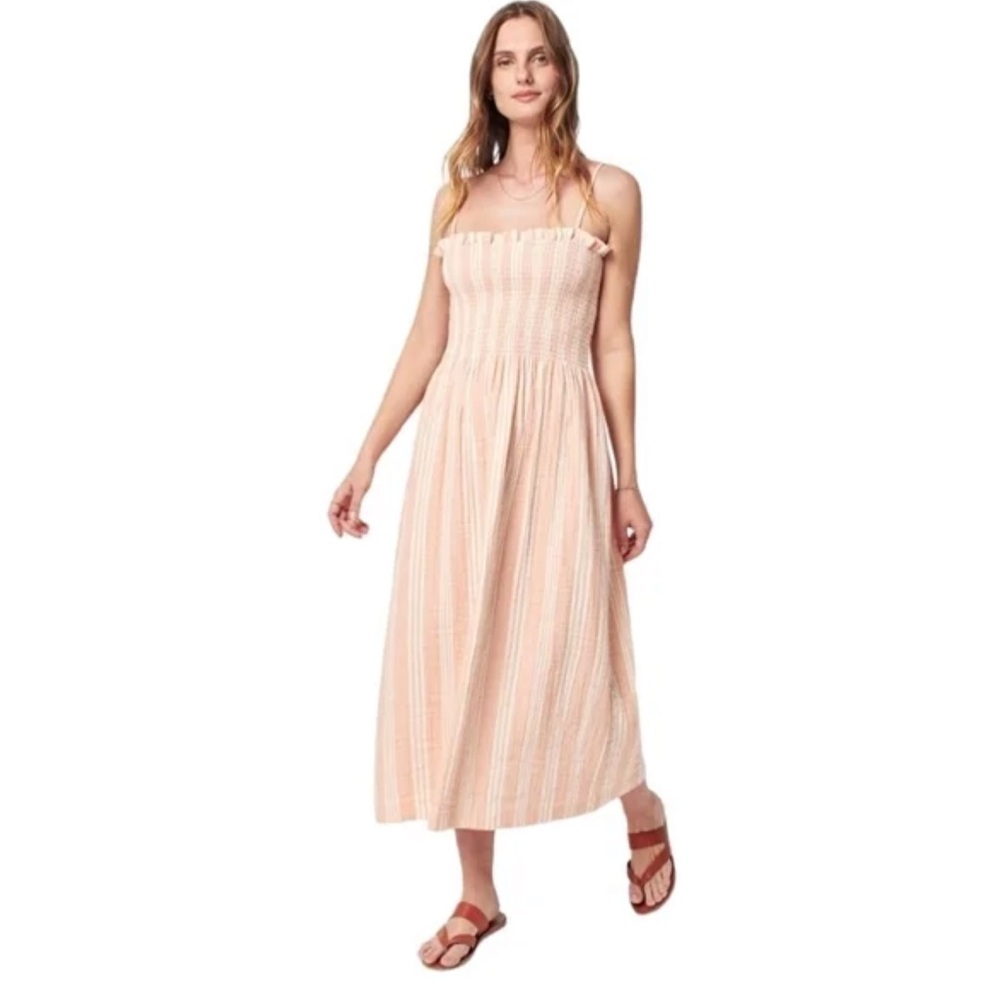 Faherty‎ Lakeview Dress Sepia Neutral Stripe Organic Cotton